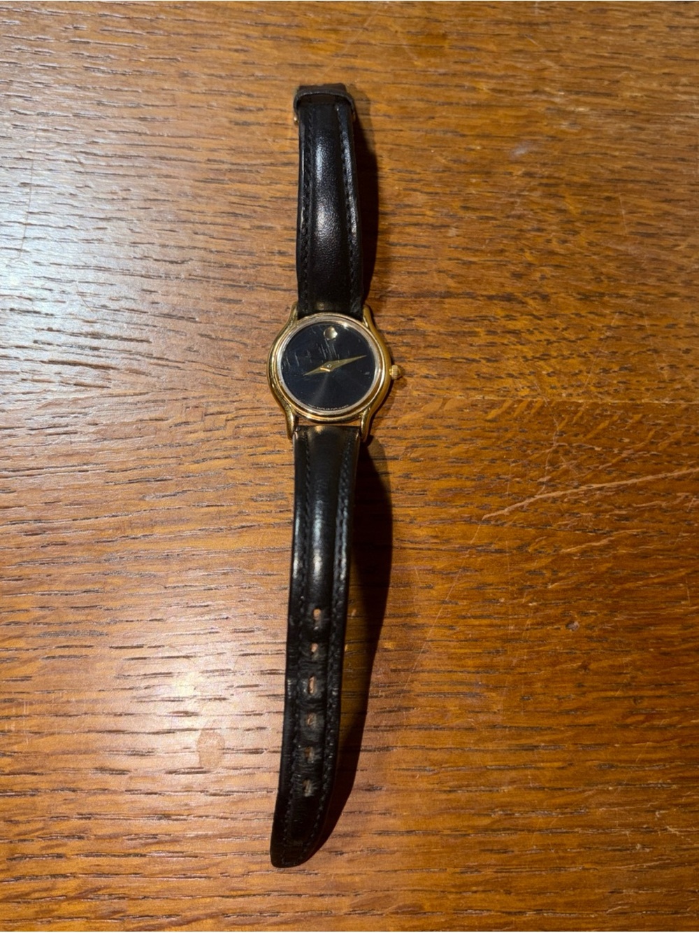 Movado Museum Water Resistant Quartz Wristwatch Black Dial Gold Case Leather